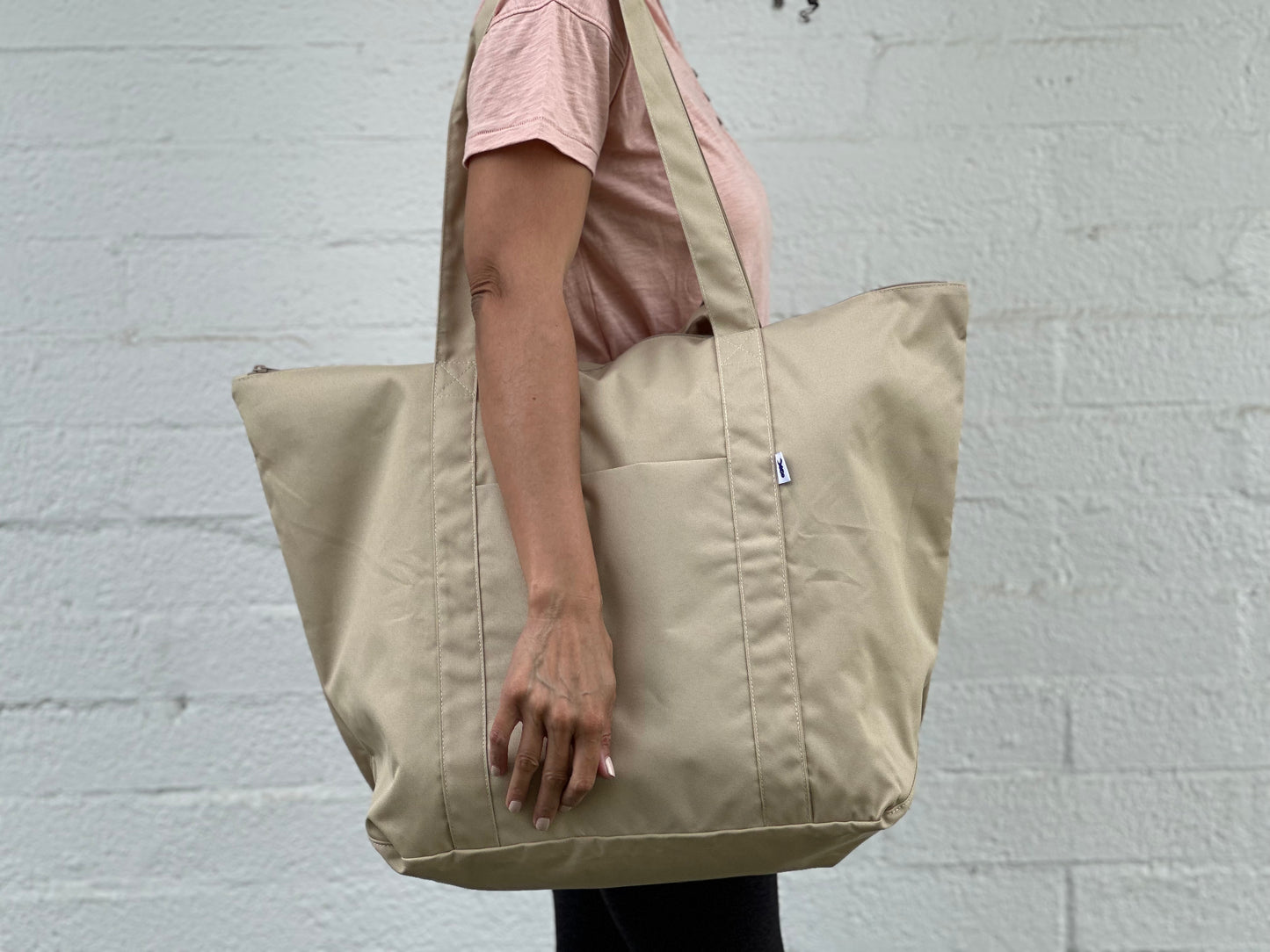 LARGE Tote Bag with Zipper & Pockets- Latte