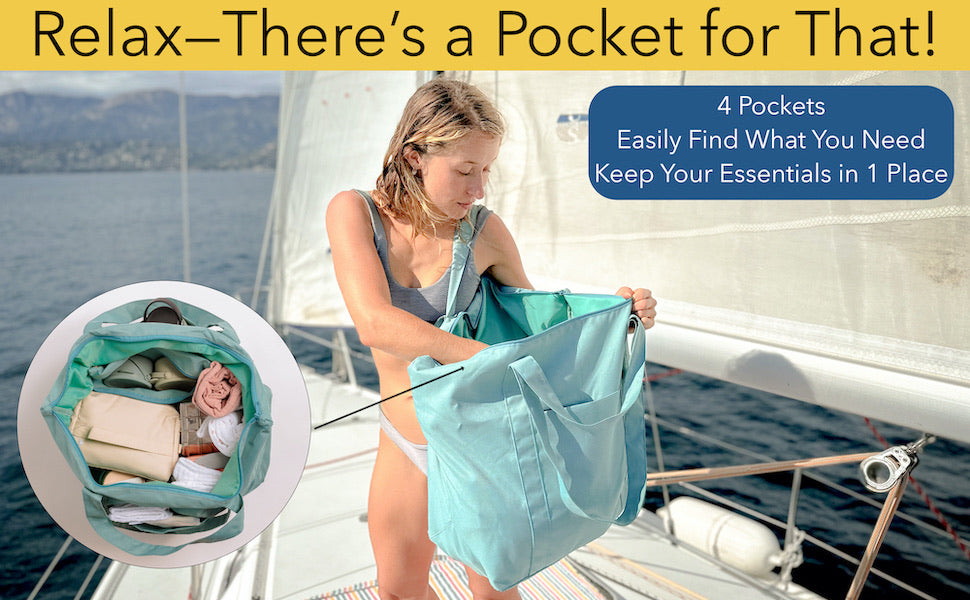 LARGE Tote Bag with Zipper & Pockets- Sea Breeze